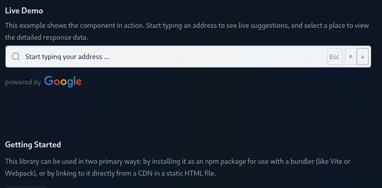 A video demonstrating the Places Autocomplete JavaScript component in action, showing address suggestions and selection.